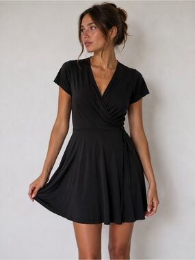Monteau Black Short Sleeve Wrap Dress with Ruffle Hem